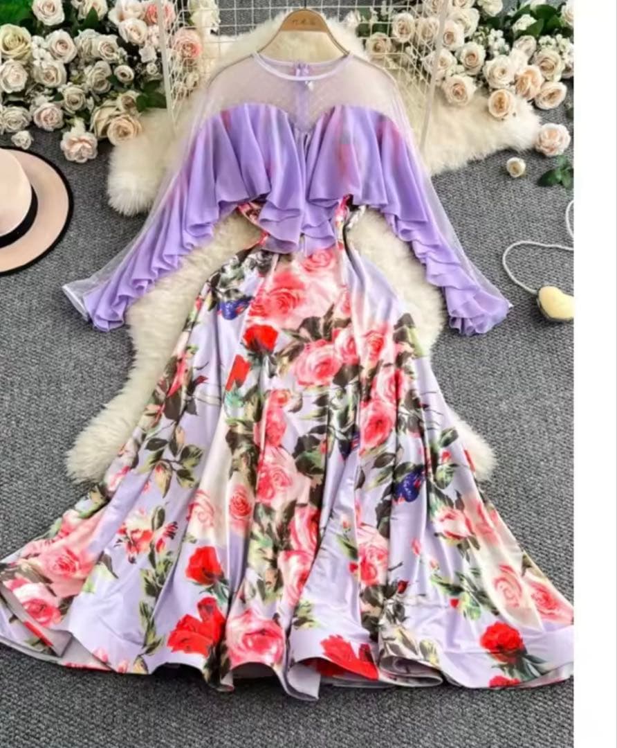 社交ダンス　今期新作パーティードレス　うす紫蛍　フリルドレス