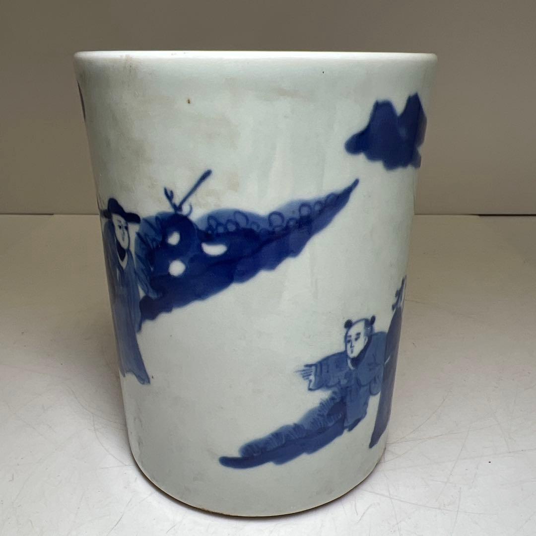 中国美術　青花人物画筆筒　高さ12.7㎝　東Y8-0224②タカサ