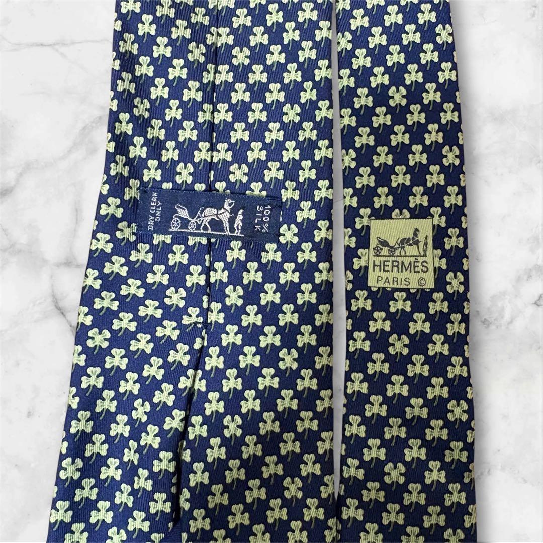 【春におすすめ】HERMES ネクタイ クローバー柄 ネイビー シルク100%