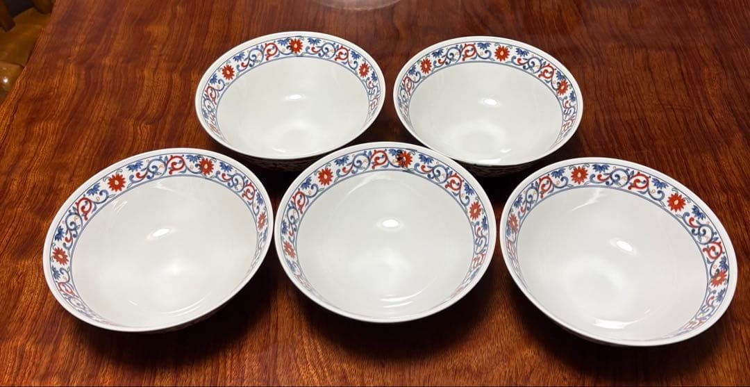 【美品】大昭和龍峰製_青華龍_五彩唐草_龍柄ラーメン茶碗5皿セット_有田焼龍峰窯