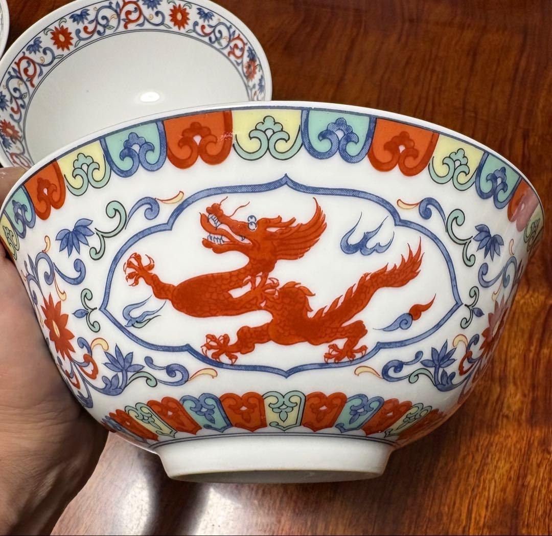 【美品】大昭和龍峰製_青華龍_五彩唐草_龍柄ラーメン茶碗5皿セット_有田焼龍峰窯