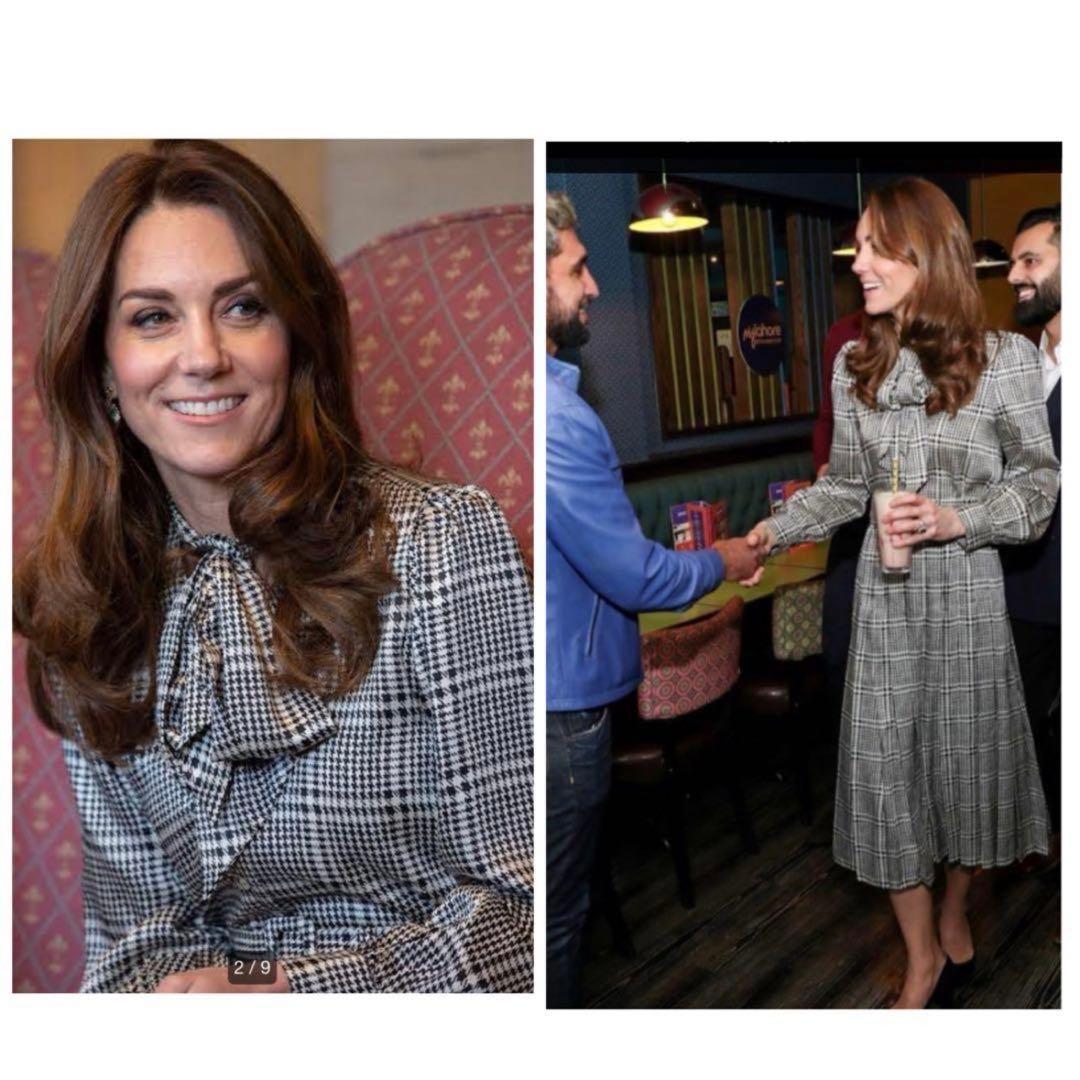 【極美品／希少】キャサリン妃着用★ZARA 千鳥 ボウタイプリーツ長袖ワンピース