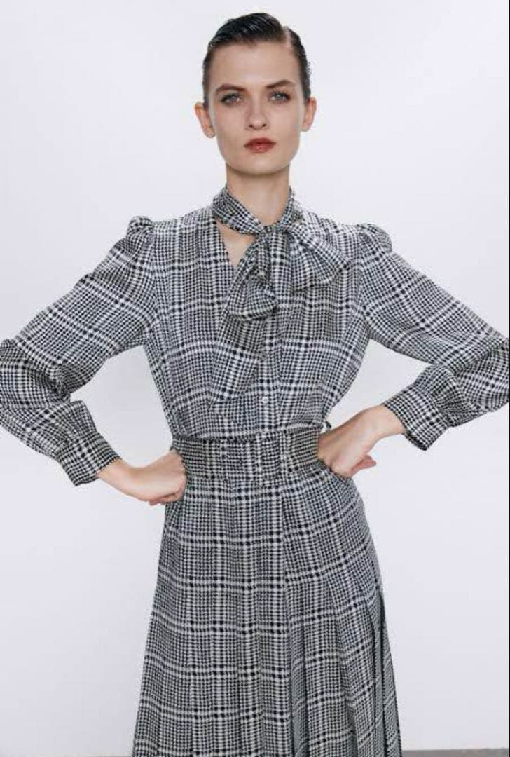 【極美品／希少】キャサリン妃着用★ZARA 千鳥 ボウタイプリーツ長袖ワンピース