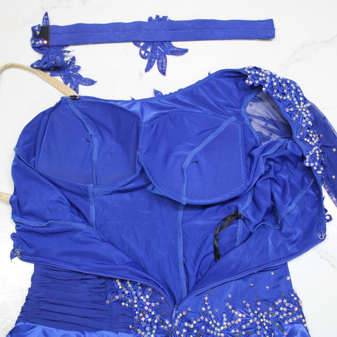 【社交ダンス衣装】ブルー×豪華フロート ワンピース ドレス 青 レース