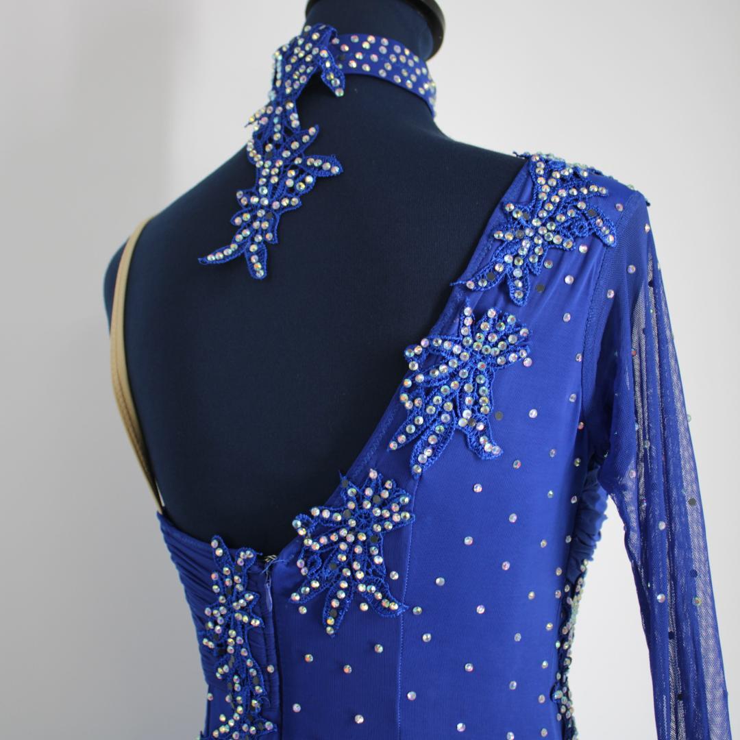 【社交ダンス衣装】ブルー×豪華フロート ワンピース ドレス 青 レース