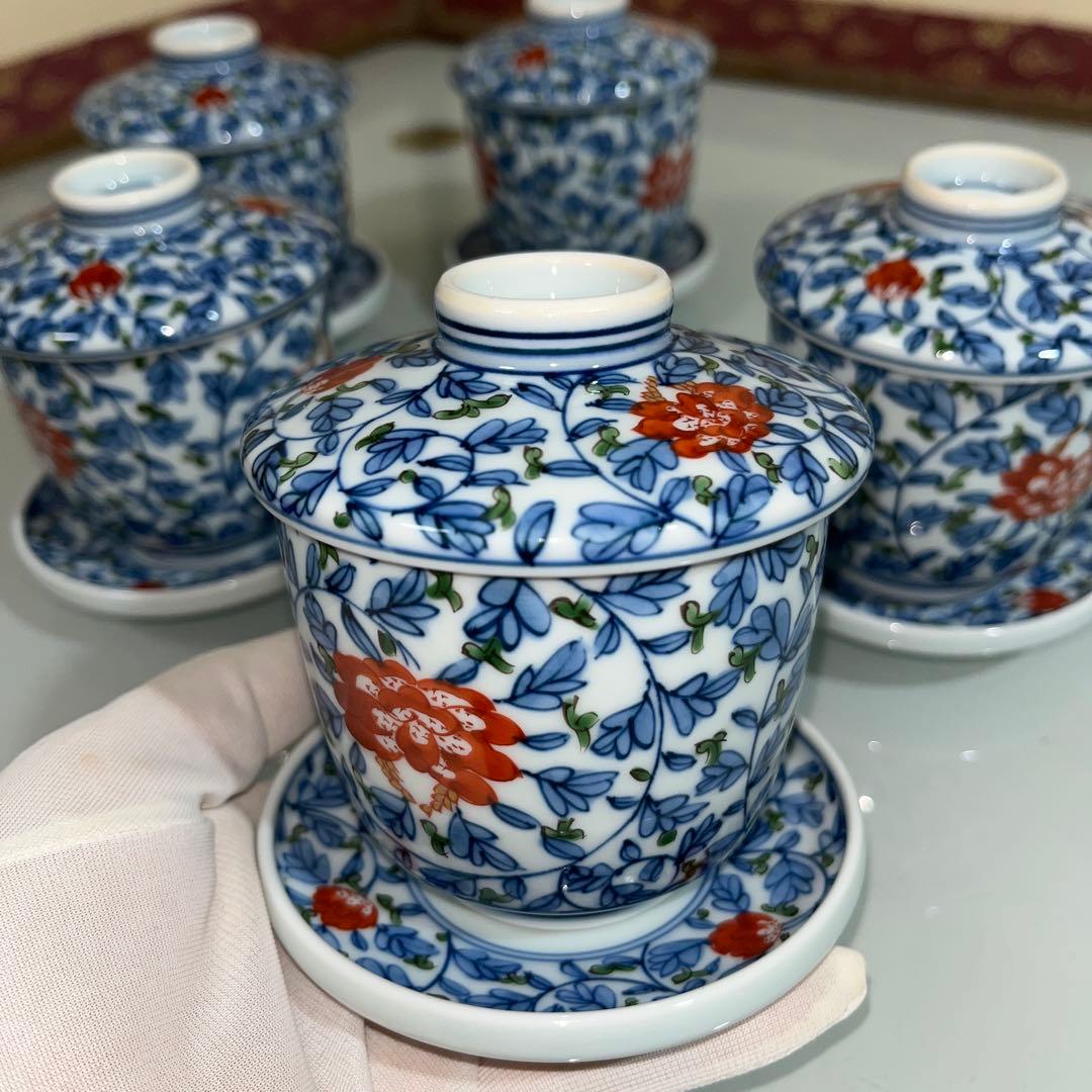 源右衛門　唐草牡丹　蒸し茶碗5客（H）