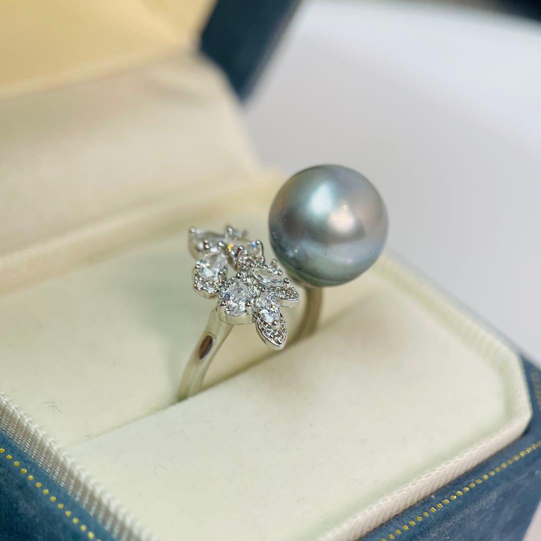 本真珠　南洋黒蝶真珠リング 指輪 タヒチ パール　12.5mm プラチナグレー