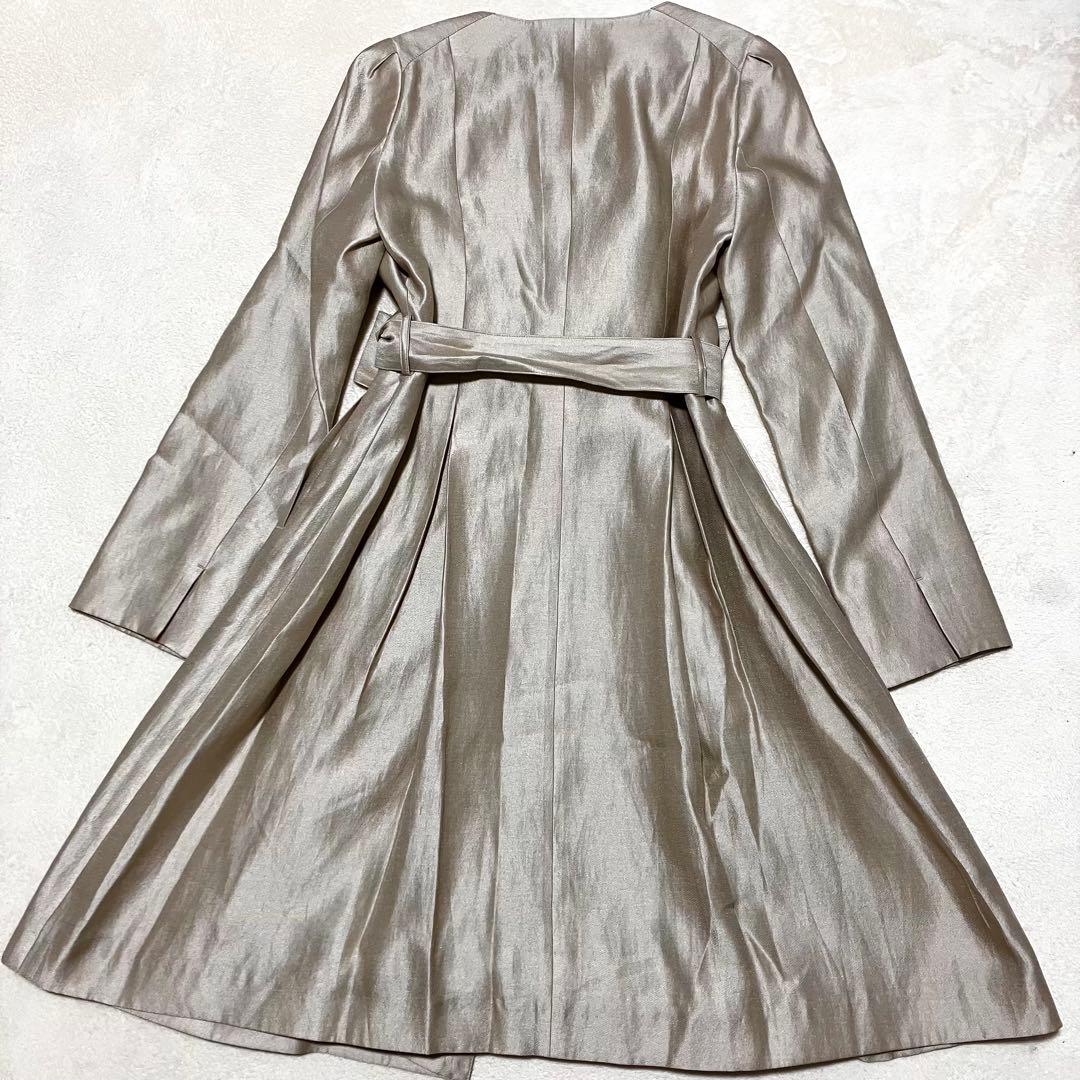 アナイ ノーカラー Aライン ベルト付きワンピース シャンパンゴールド