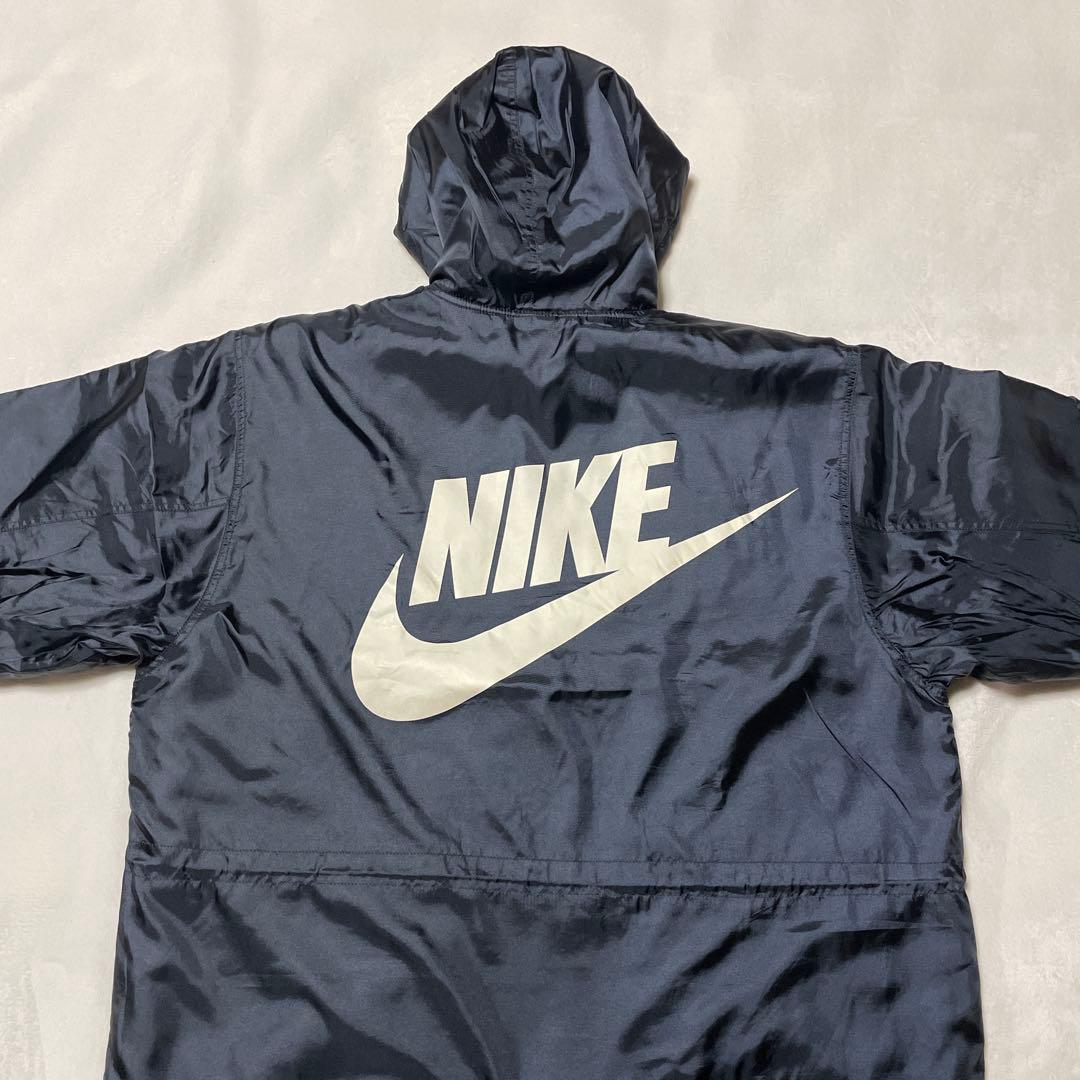 【90s】NIKE 銀タフード付きベンチコート ブラック 背中デカロゴ 美品