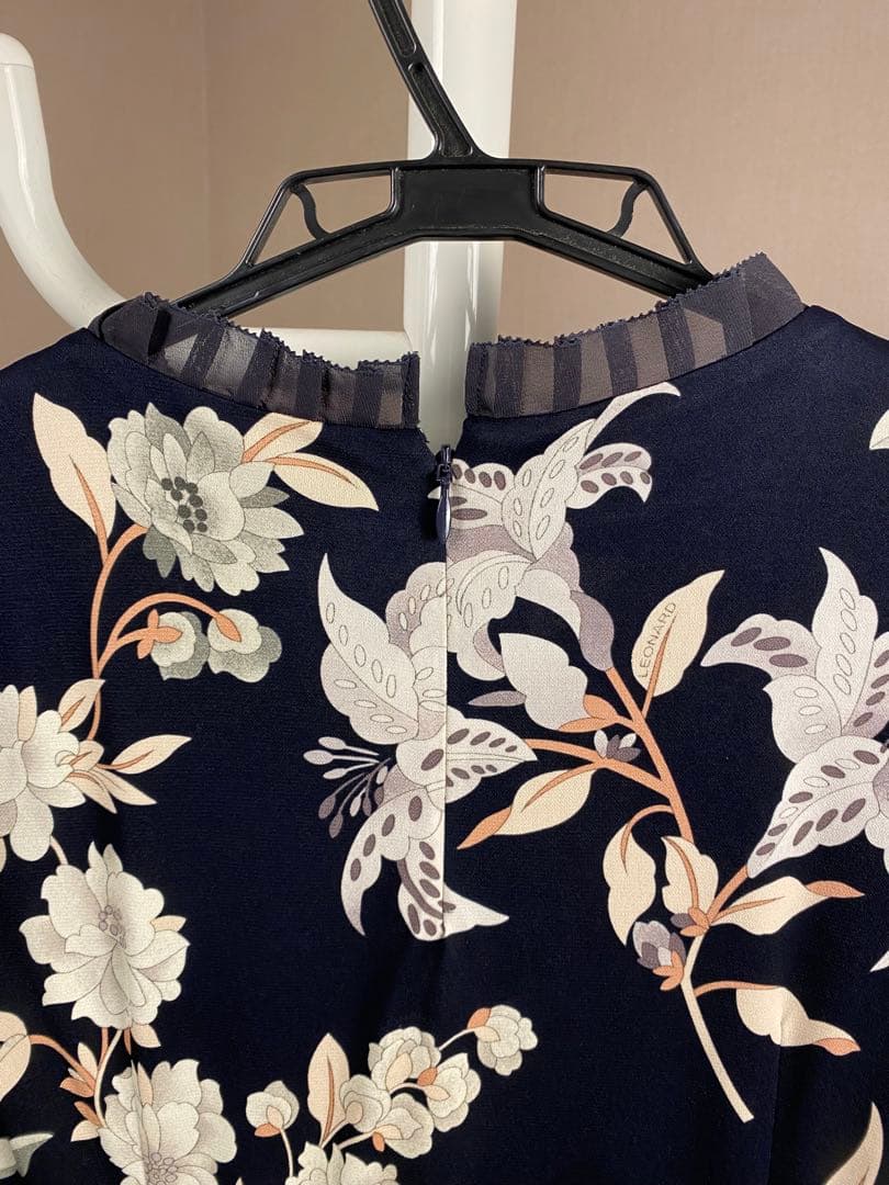 LEONARD ロング 花柄 ノースリーブ ワンピース フリル ネイビー