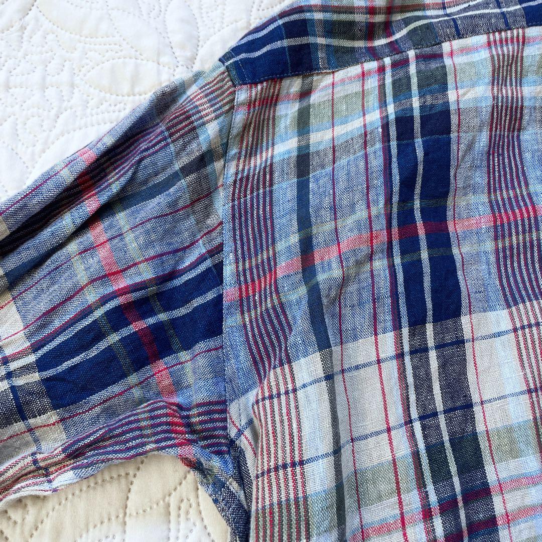 イチアンティークス　リネンチェックシャツドレス　ワンピース　ネイビー　長袖　麻