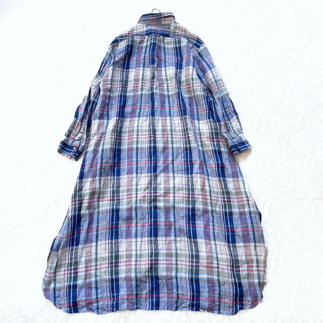 イチアンティークス　リネンチェックシャツドレス　ワンピース　ネイビー　長袖　麻
