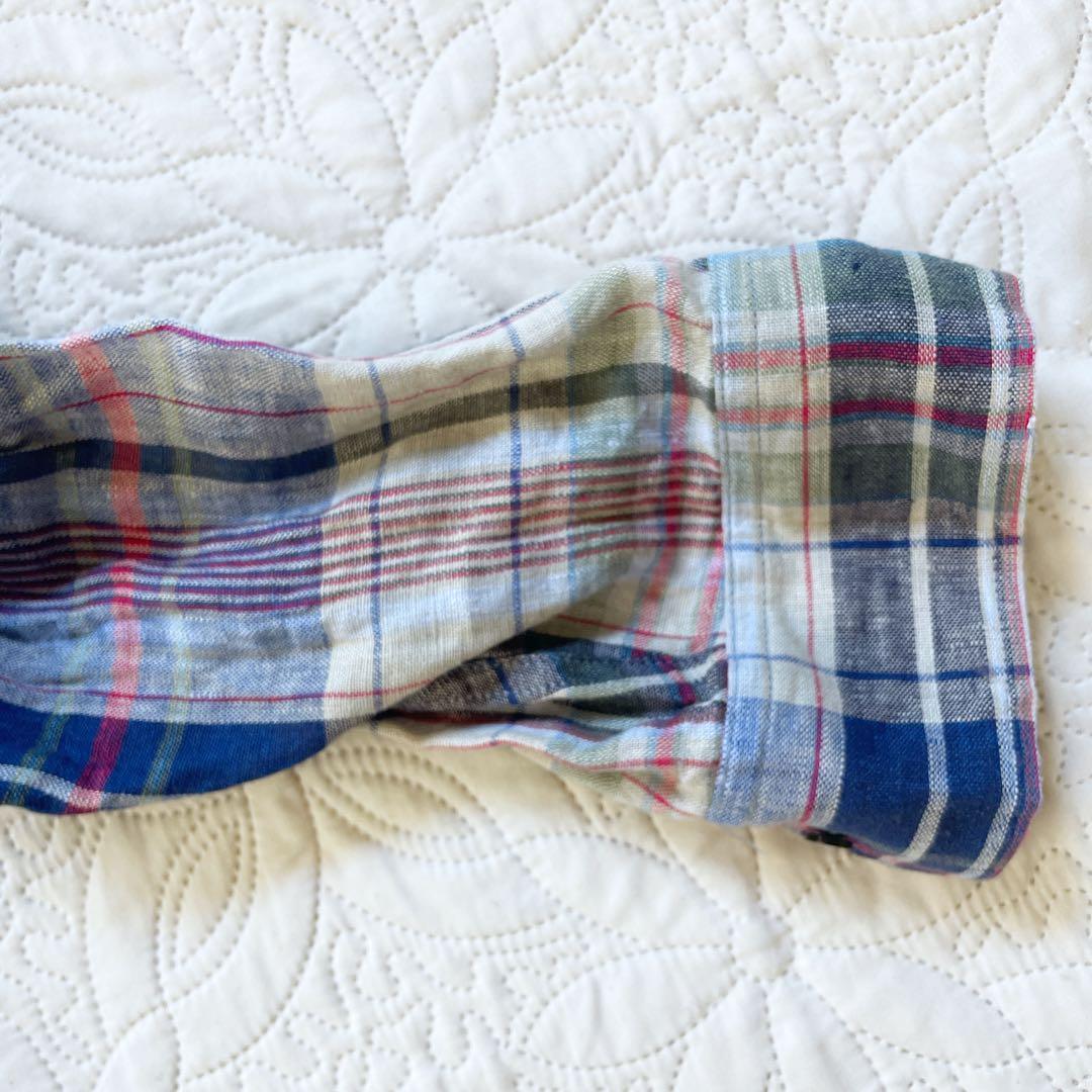 イチアンティークス　リネンチェックシャツドレス　ワンピース　ネイビー　長袖　麻