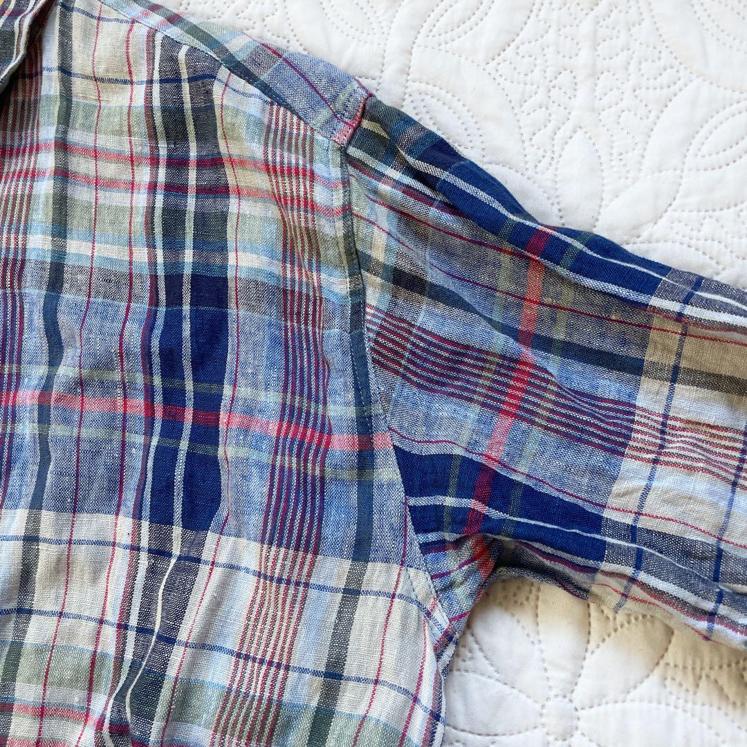 イチアンティークス　リネンチェックシャツドレス　ワンピース　ネイビー　長袖　麻