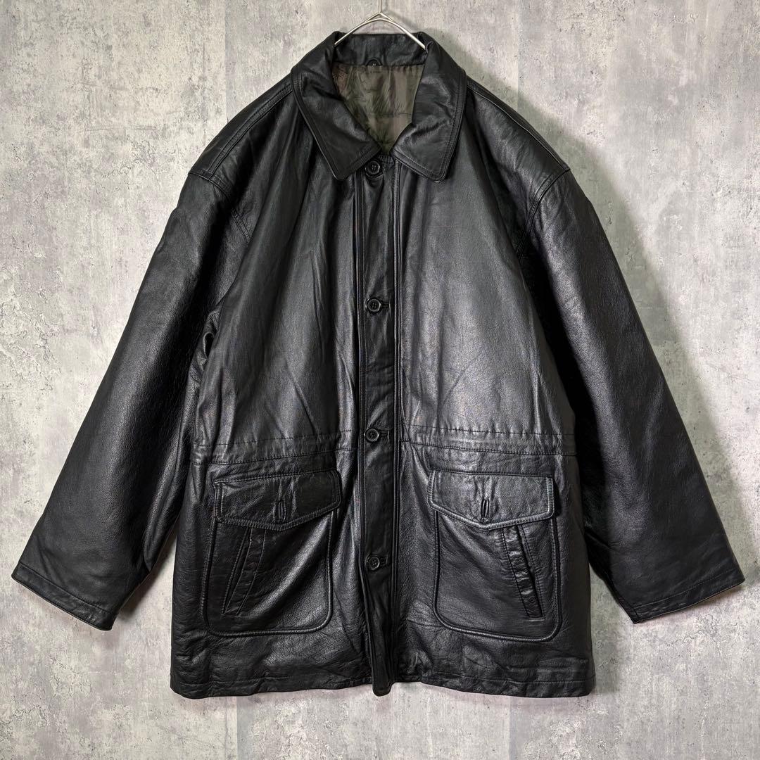 極上 USA産 牛革使用 カウレザー カーコート 裏地アート 黒 中綿