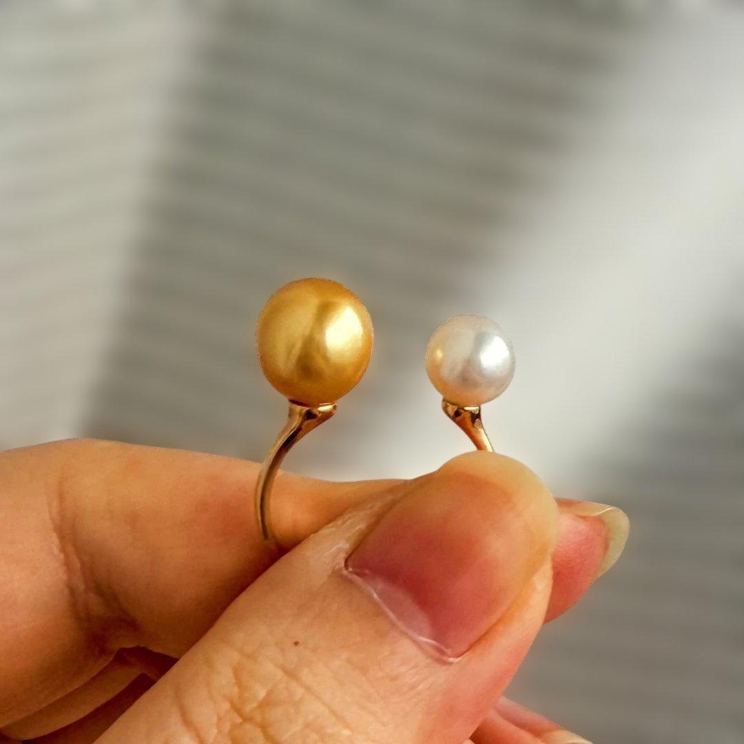 【極上のテリ】南洋真珠×Akoya真珠 2粒リング 9mm 濃金 S925