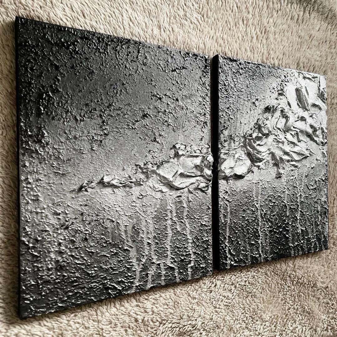 黒×シルバーの荒々しいストリート風テクスチャーアート 2枚組 F3