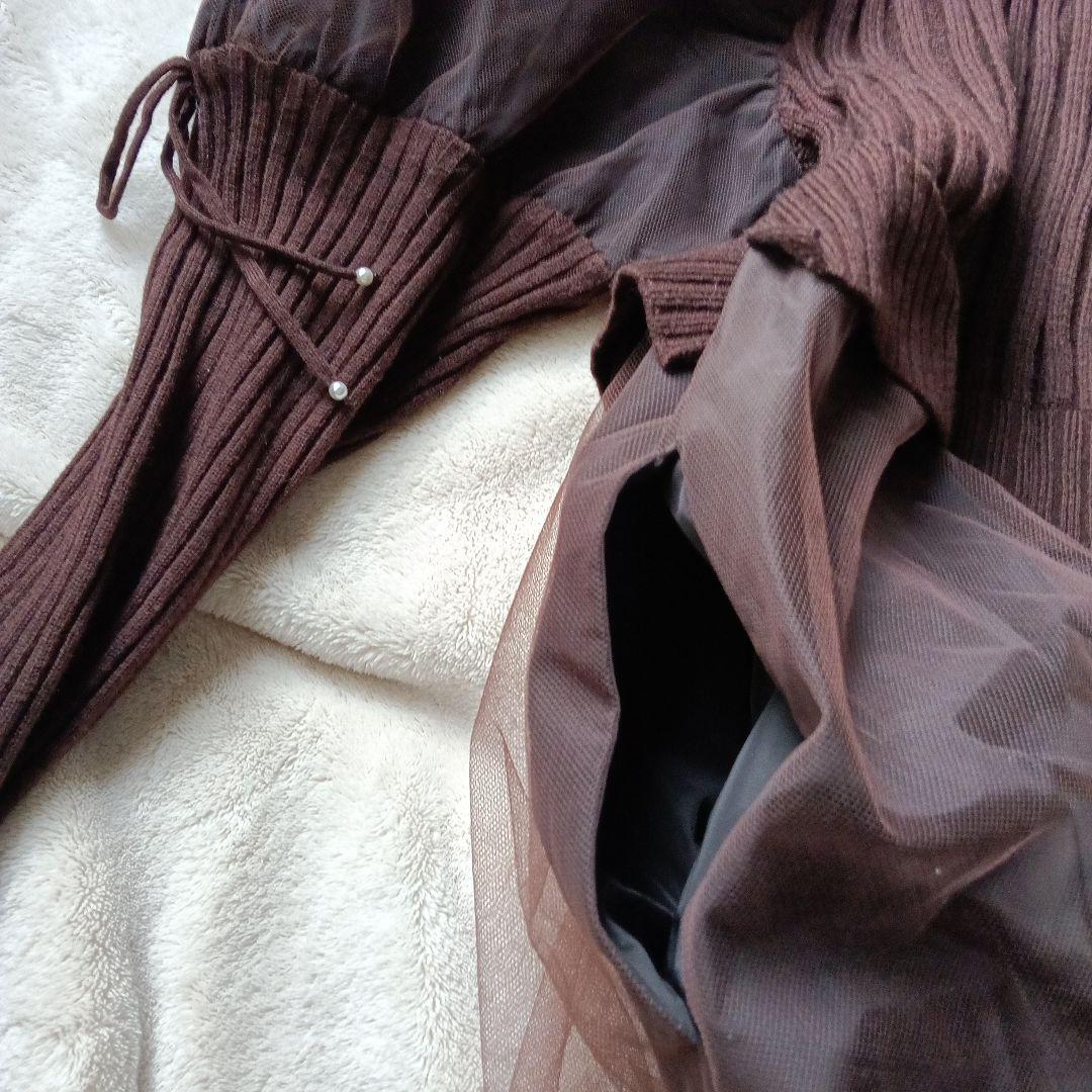 シフォンスカート　パフスリーブ　ドッキングワンピース　44 焦げ茶