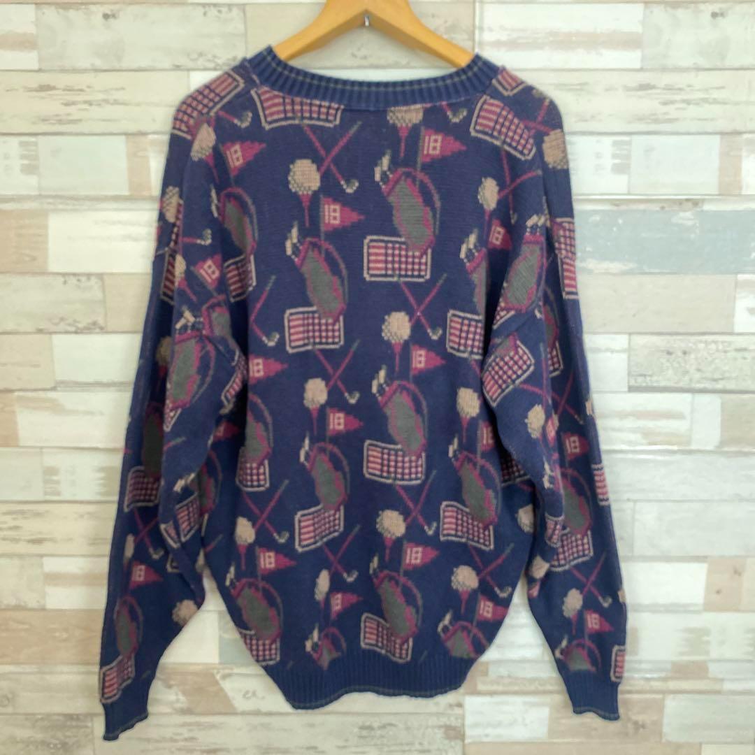 ニット　Vネック　セーター　ゴルフ柄　総柄　コットン100 メンズL程度