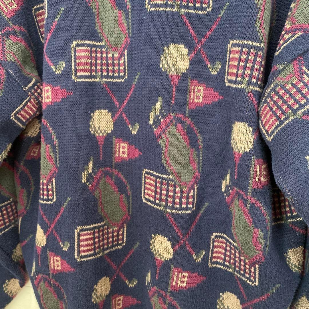 ニット　Vネック　セーター　ゴルフ柄　総柄　コットン100 メンズL程度