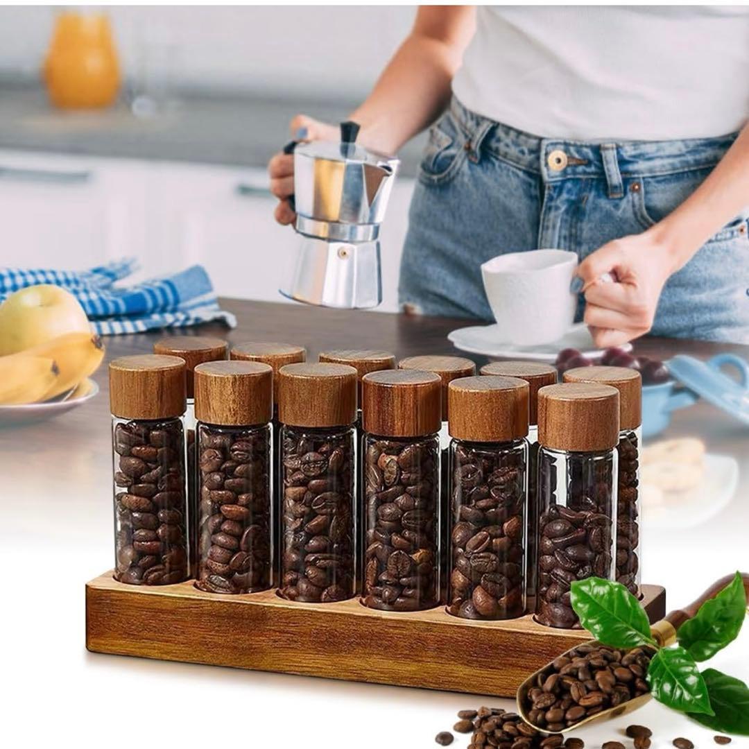 スパイスストッカー ミニキャニスター 木製台 ウォルナット 高級 12本セット