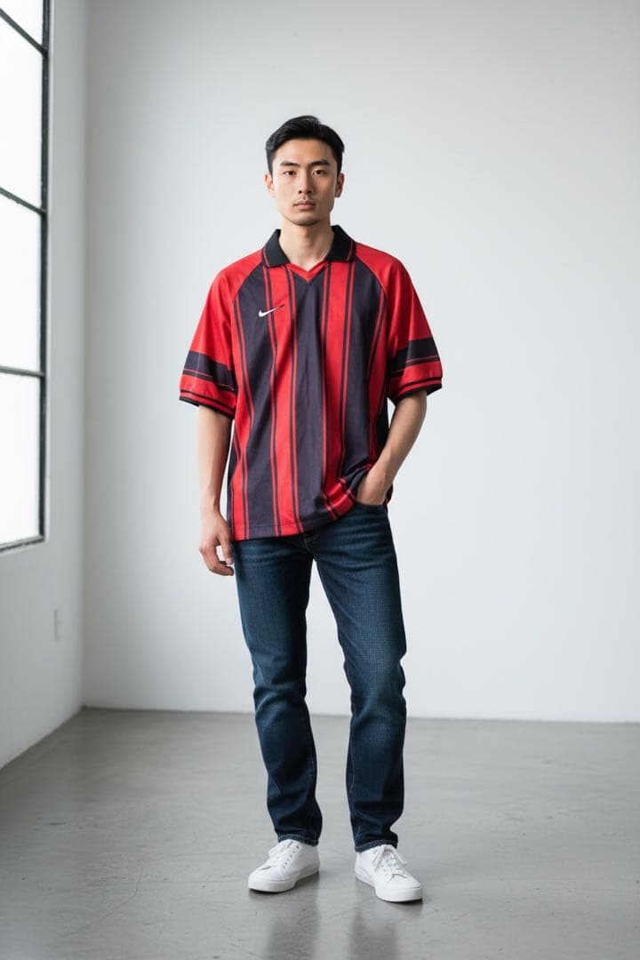 【限定セール中！】90s NIKE 襟付きサッカーシャツ UK製 赤黒ストライプ