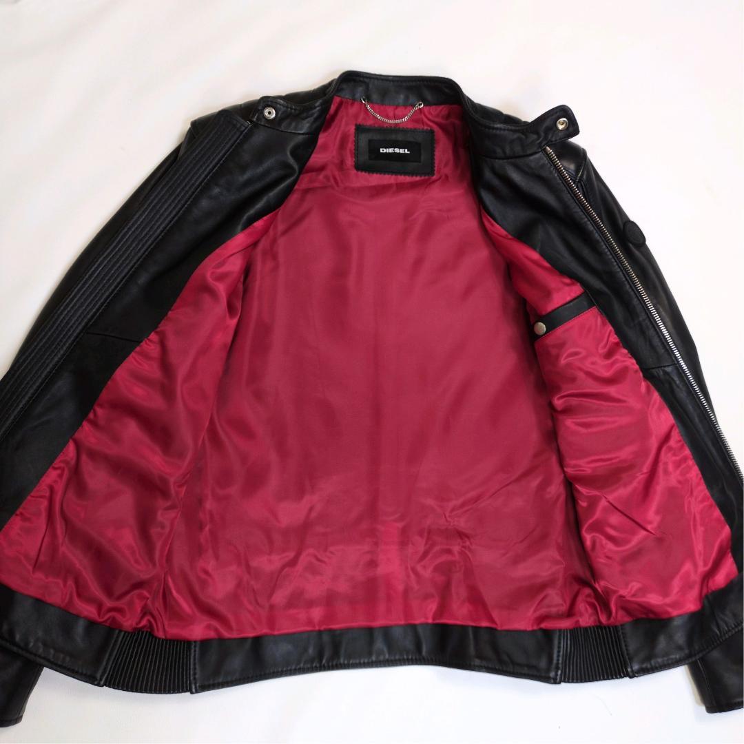 美品 ディーゼル L シングル ライダースジャケット ラムレザー 裏地赤
