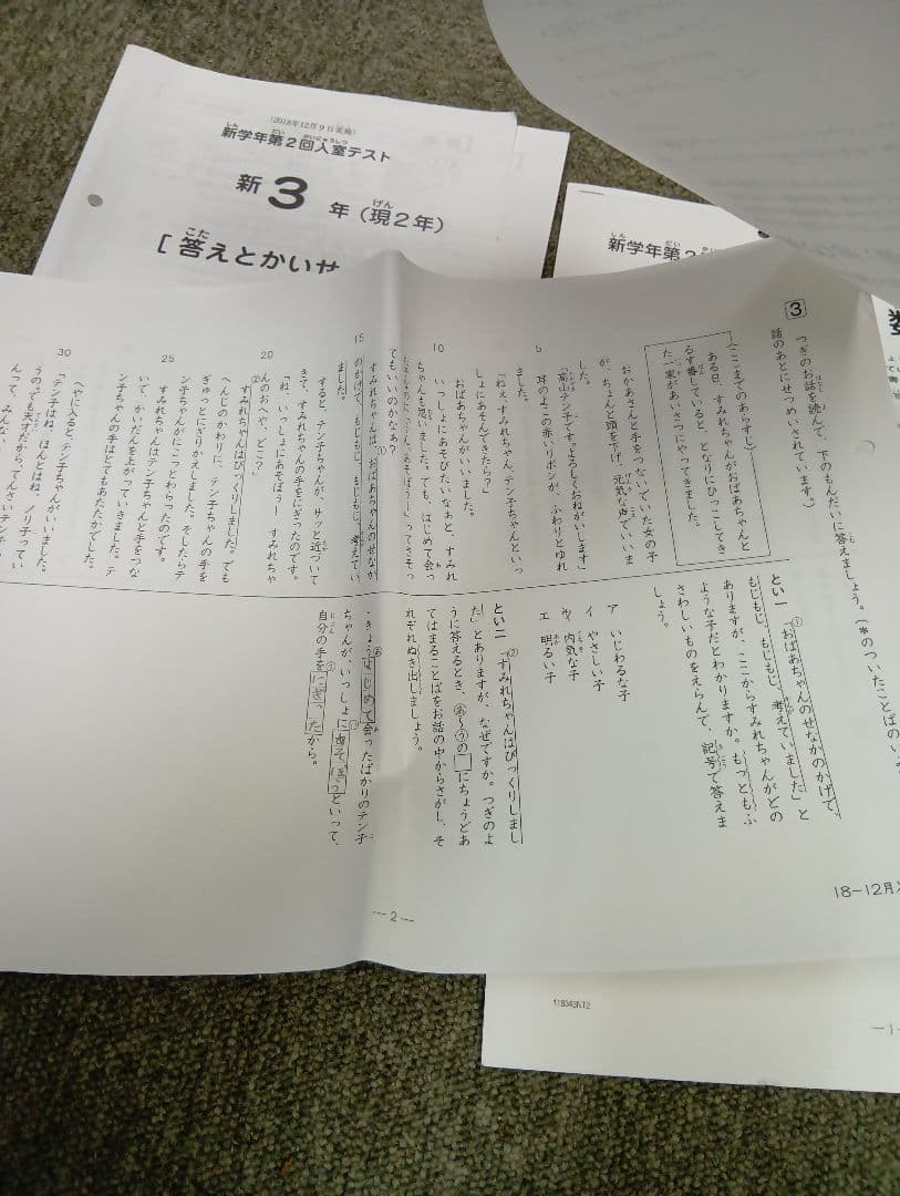 サピックス新３年（現２年）新学年第２回入室テスト　2018/12/09実施　中古