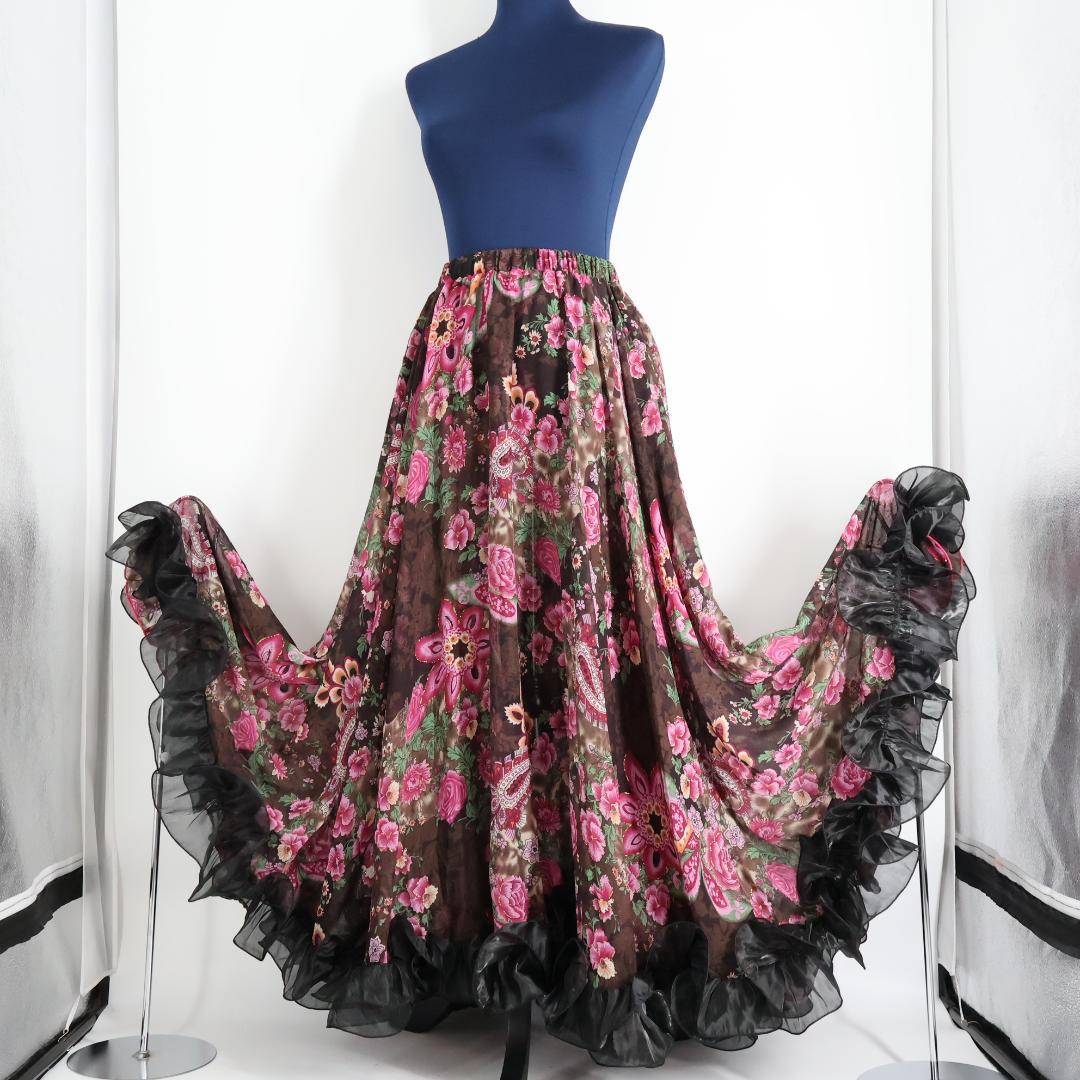 【ベリーダンス用衣装】ブラック×ピンク×ブラウン ボリューム ジプシースカート