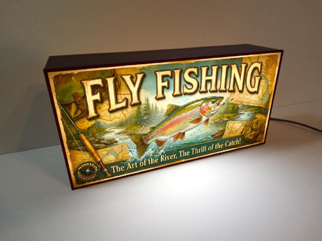 【オーダー無料】フライフッシング 虹鱒 山岳渓流 看板 置物 雑貨 ライトBOX