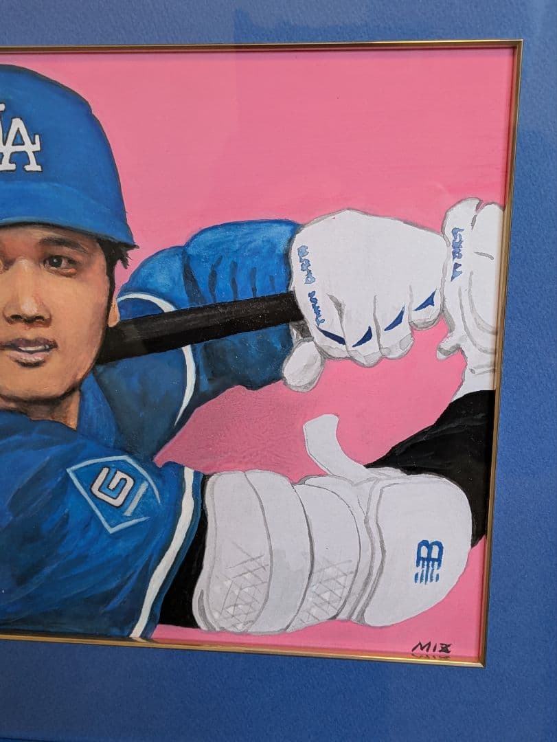 【真　作】大谷翔平選手、色紙に水彩画、サイン「MIZ」有、額付