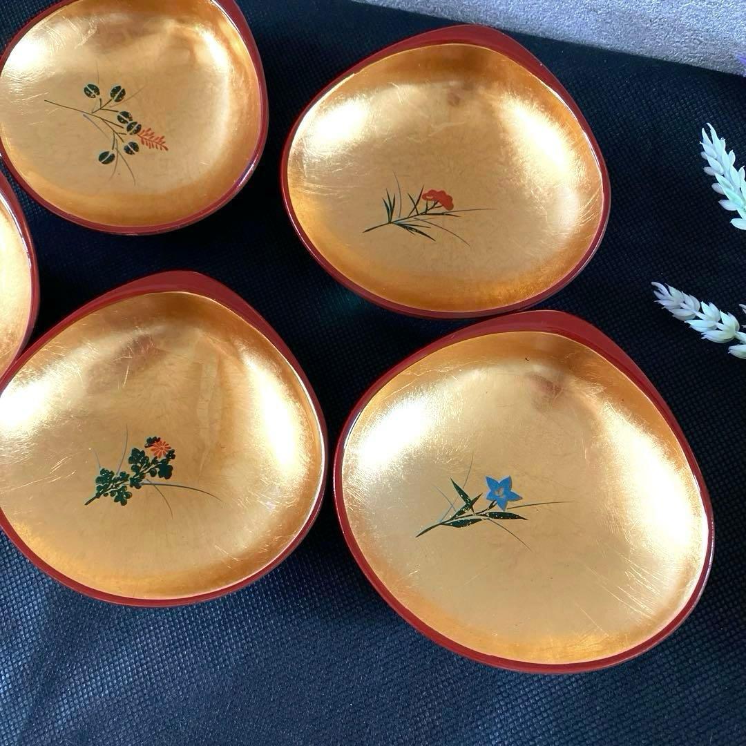 【縁起物】山中塗 手描蒔絵 珍味入れ 小皿 はまぐり ５客 金箔 金彩