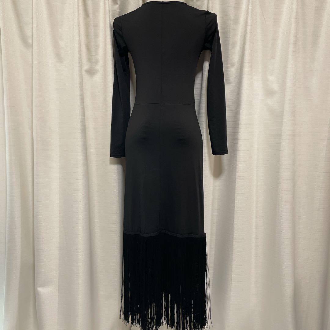 社交ダンスドレス ラテンドレス ZYM 黒 フリンジ 長袖 ストレッチ M