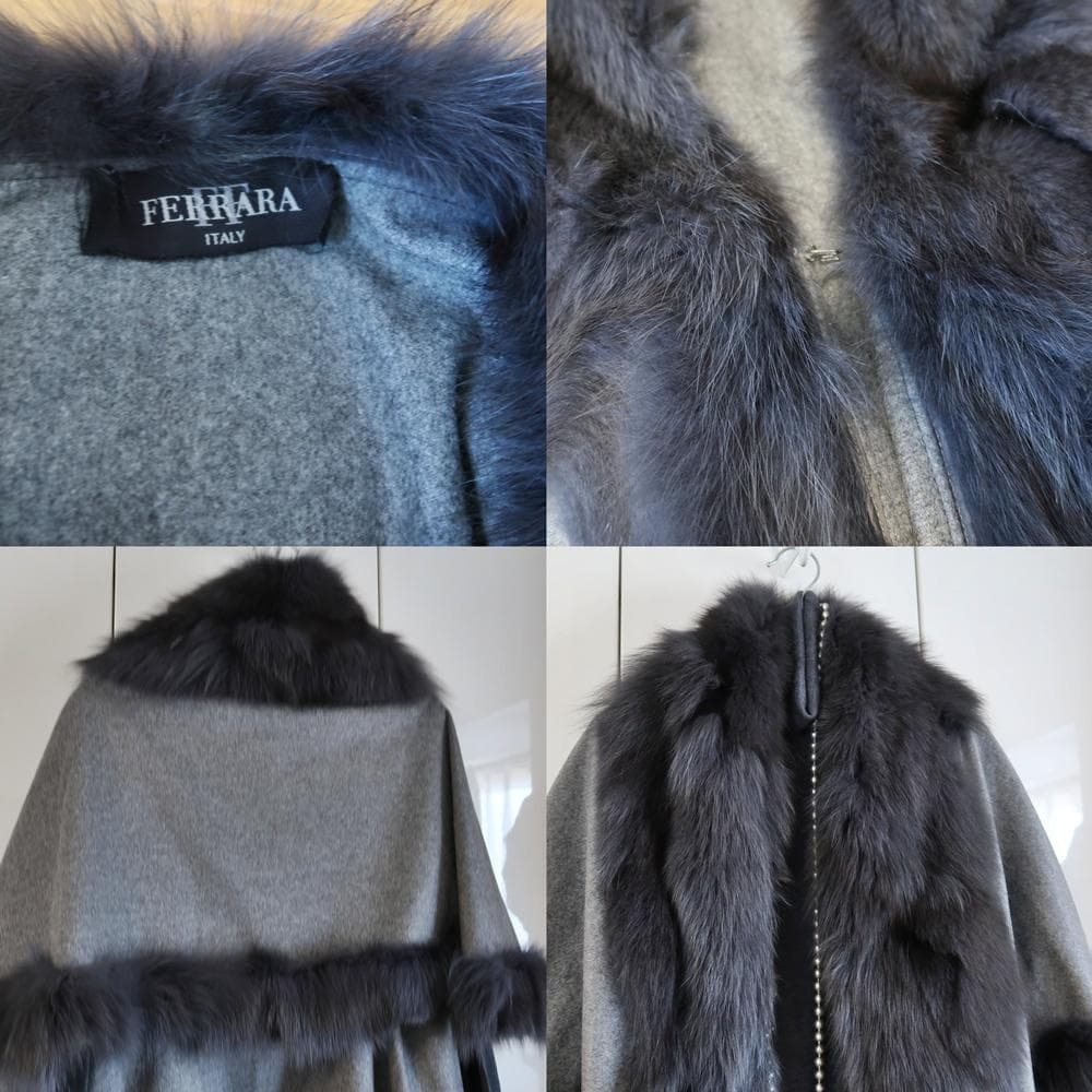 美品■FERRARA　ITARY製　/リアルファー付きポンチョ■■グレー系■
