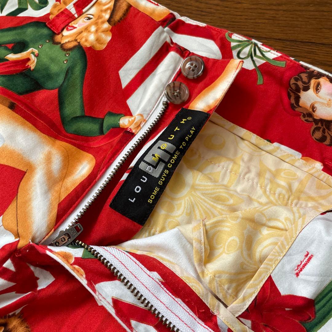 美品 LOUDMOUTH ラウドマウス ロングパンツ 総柄 レッド系　Xmas
