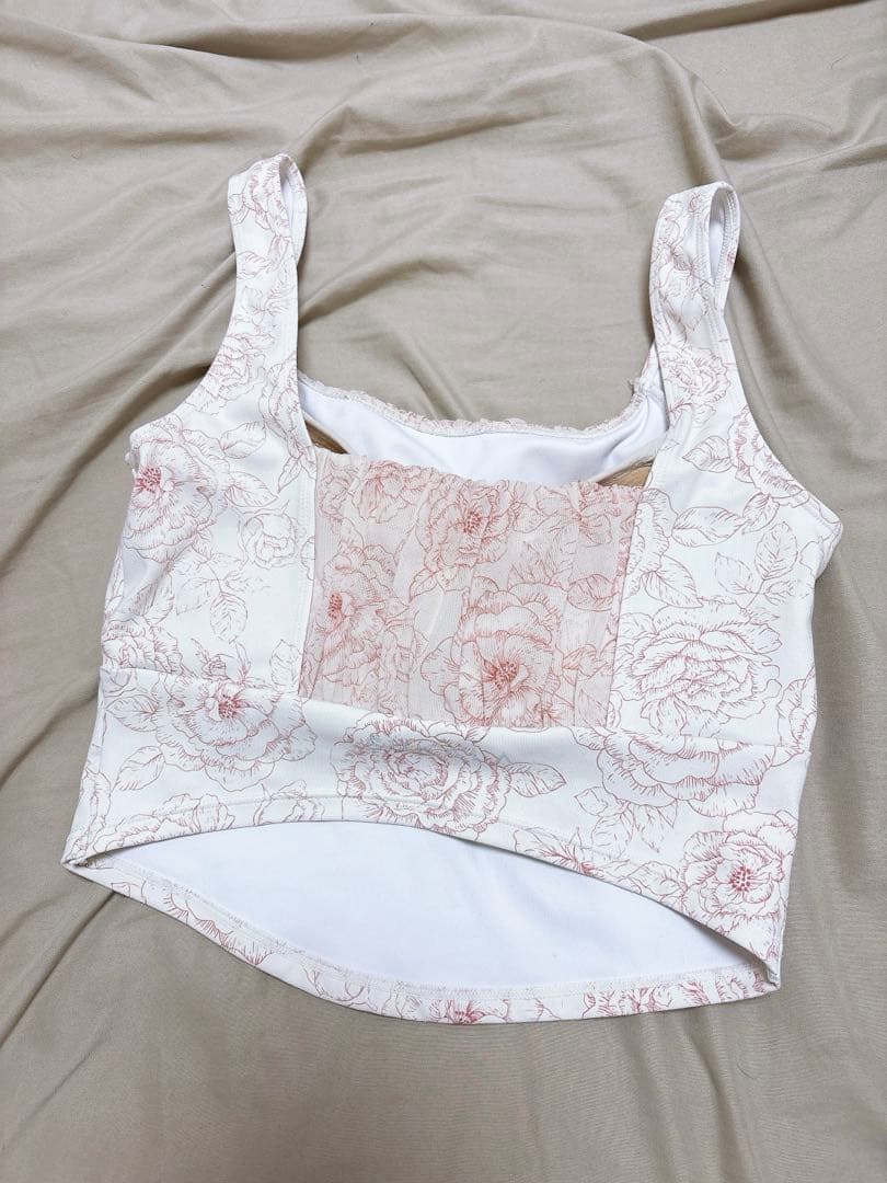 ホワイト/ピンク花柄ノースリーブヨガウェア S