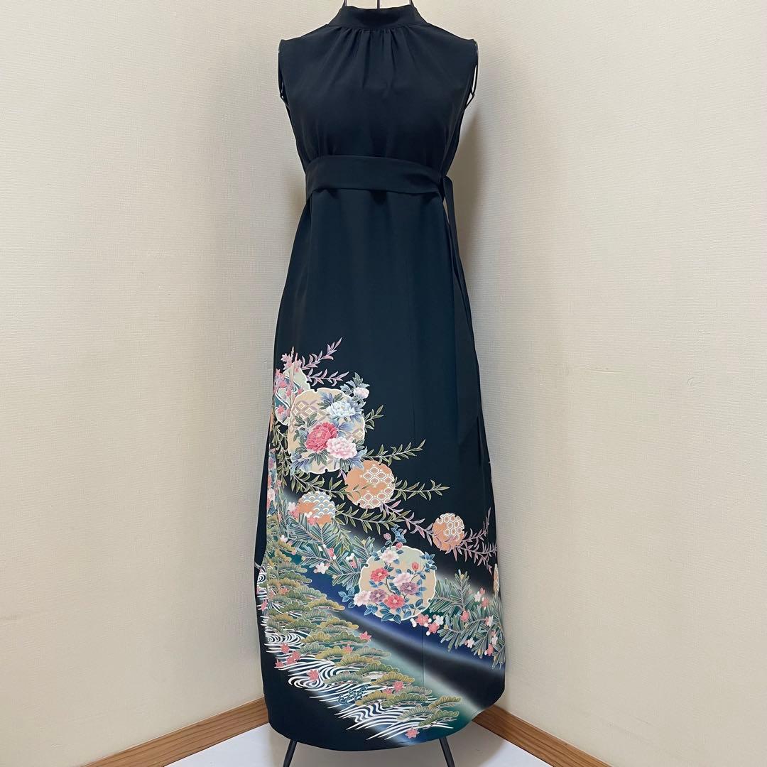 26009 着物リメイク　ワンピース　黒留袖　２Way　Mリボン・ボレロ付