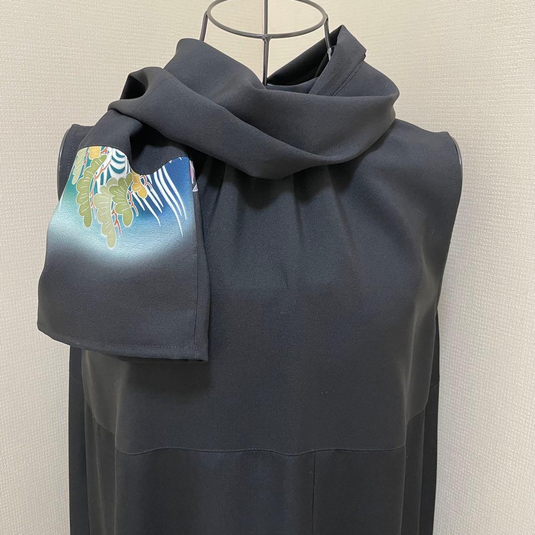 26009 着物リメイク　ワンピース　黒留袖　２Way　Mリボン・ボレロ付