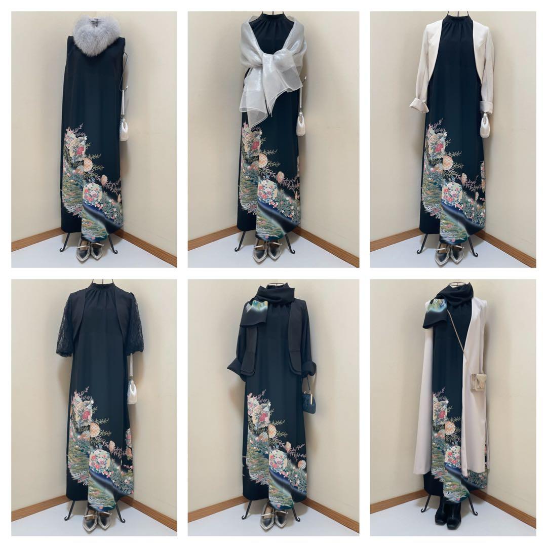 26009 着物リメイク　ワンピース　黒留袖　２Way　Mリボン・ボレロ付