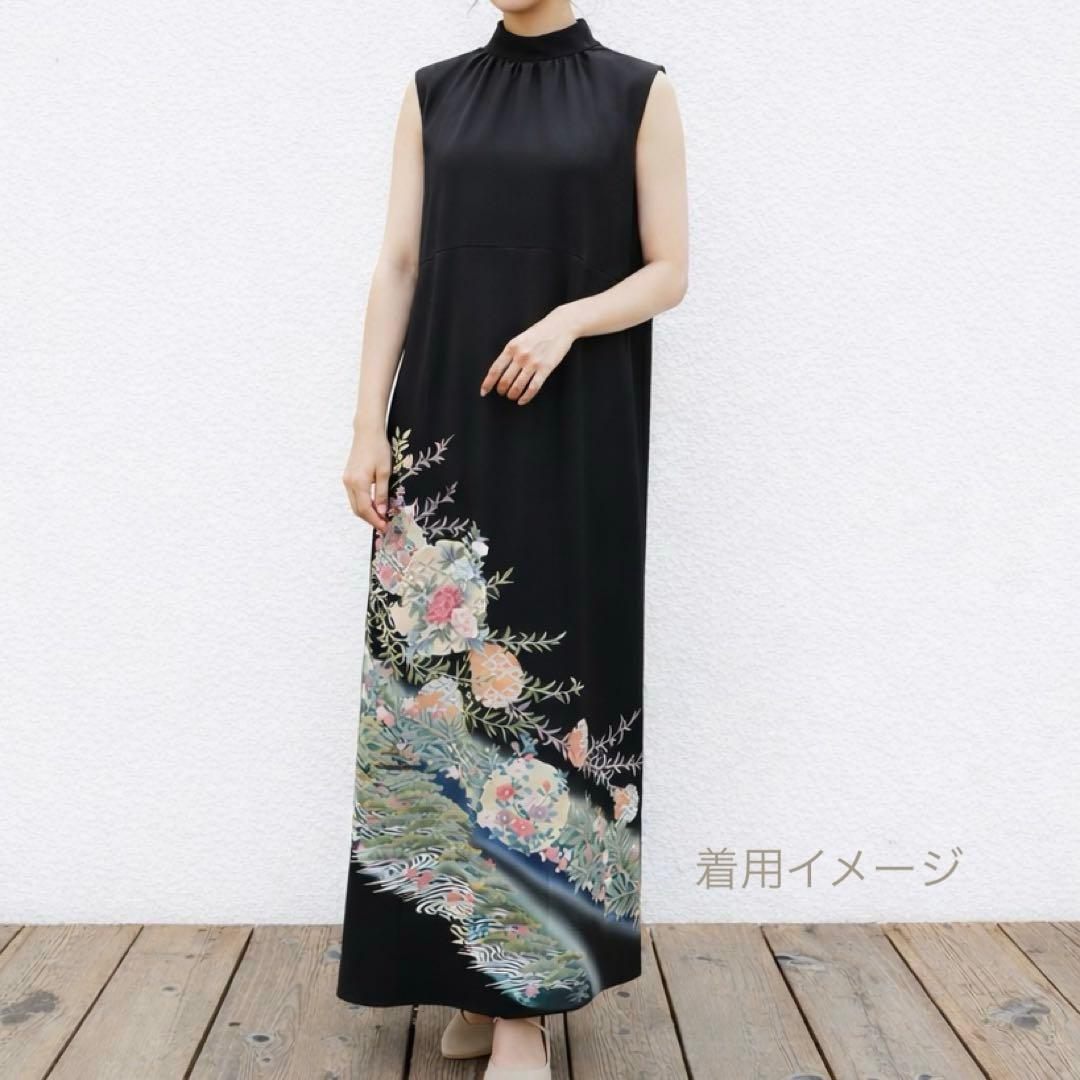 26009 着物リメイク　ワンピース　黒留袖　２Way　Mリボン・ボレロ付