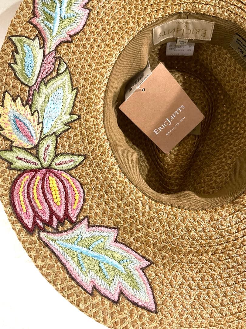 エリックジャビッツ　麦わら帽子　中折れ　刺繍　新品未使用　紙タグ付き　UPF50
