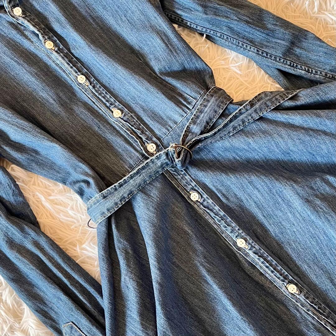 人気✨ ラルフローレン デニムシャツワンピース フレア ロゴ刺繍 ウエストベルト