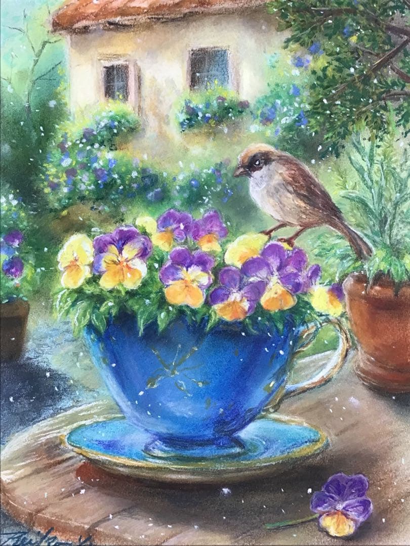 パンジーの咲く庭　ハンドメイドパステル画　絵画アート原画