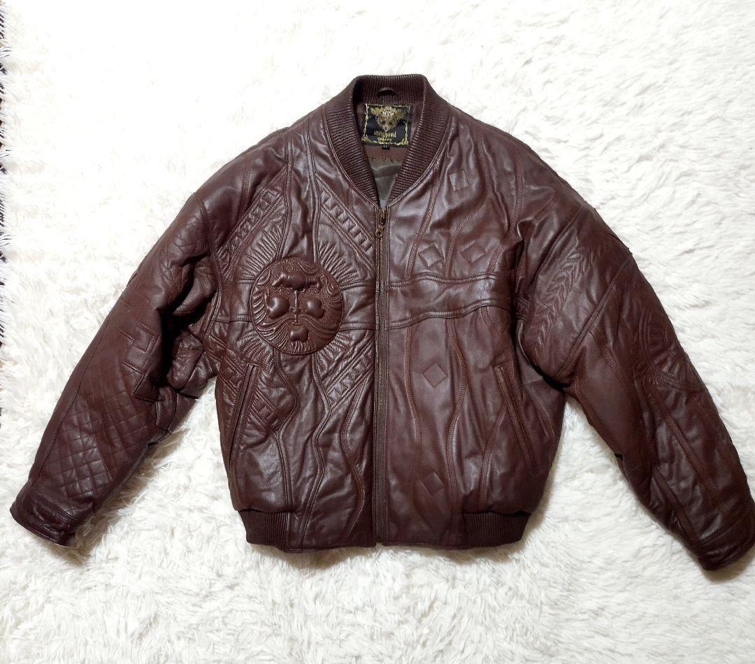 maggoni elegance　リアルレザーエンボス加工中綿ジャケット　茶XL