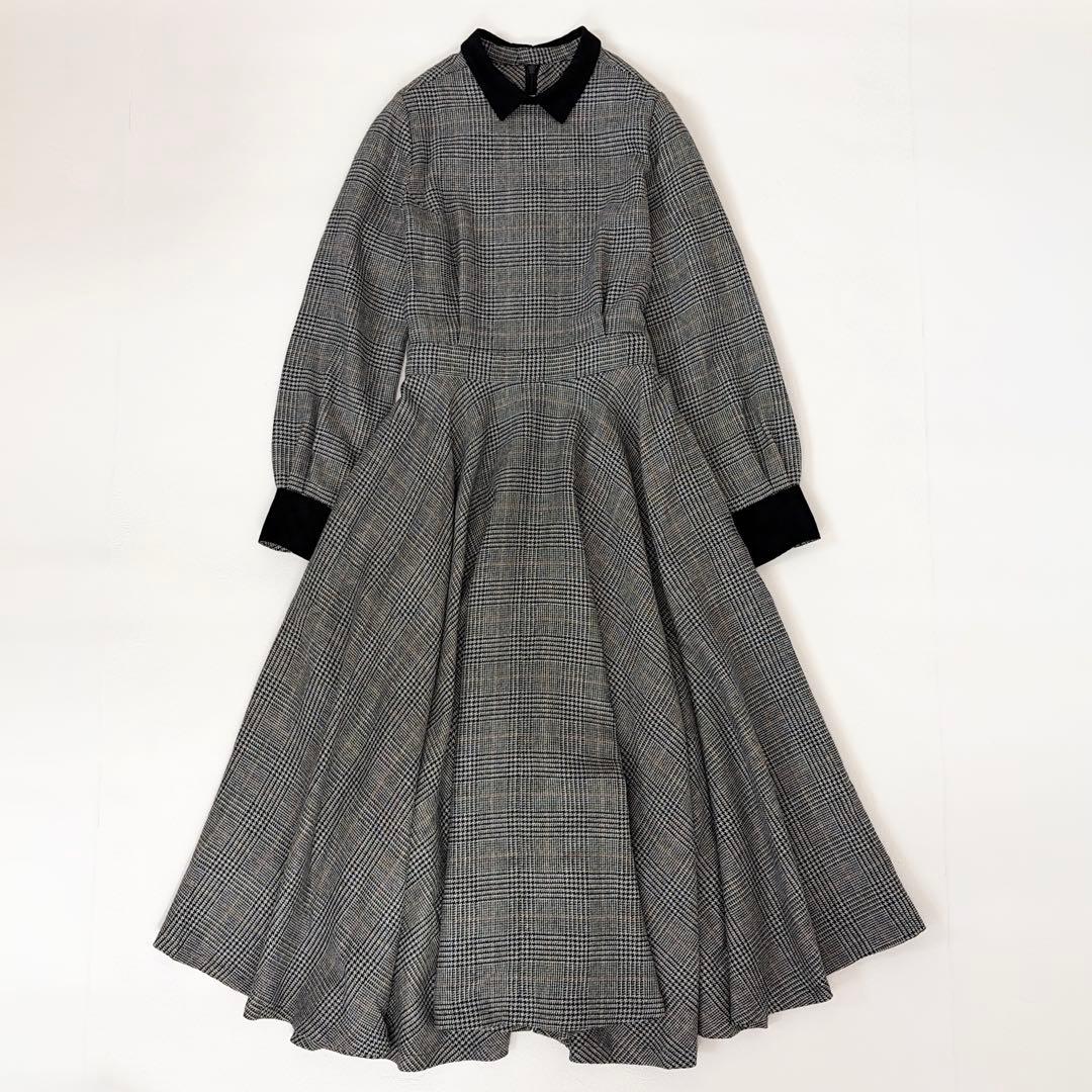 美品 foufou グレンチェックバイカラーワンピース 0 フレア Aライン