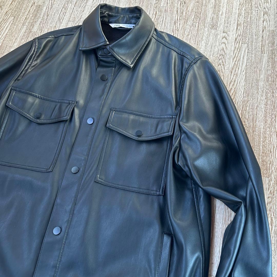 ZARA フェイクレザーシャツジャケット　ブラック　M