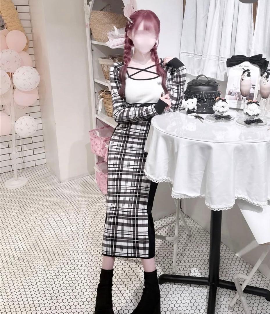 honey mew チェックロングニットワンピース