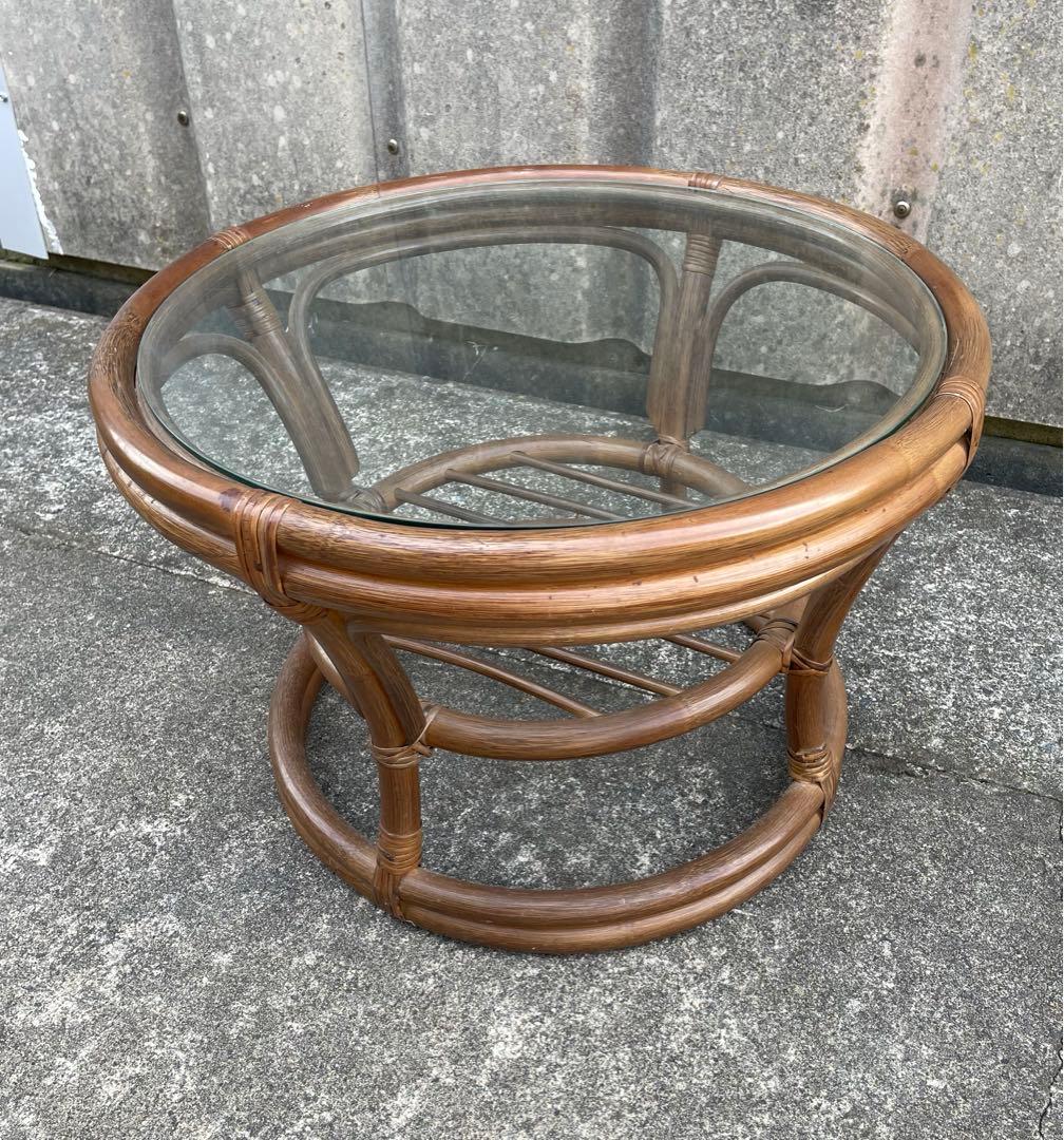 ビンテージ/ラタン/籐/籐家具/丸テーブル/ガラステーブル/ラウンドテーブル