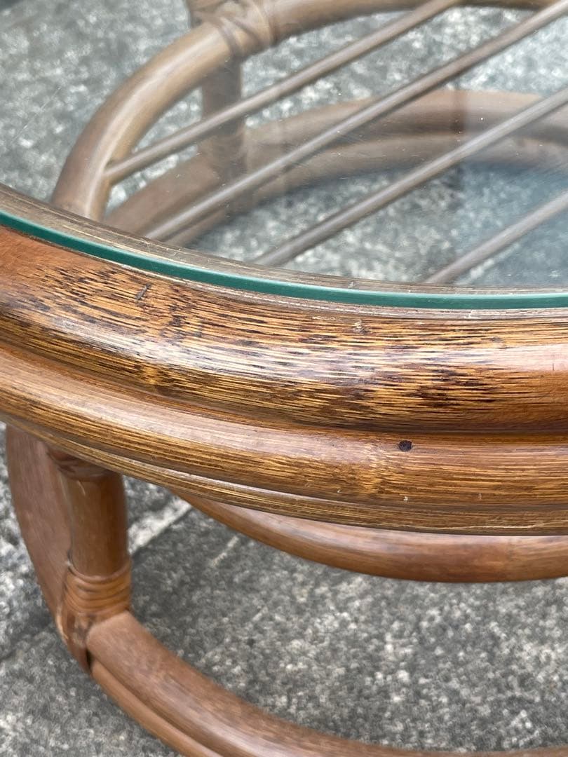 ビンテージ/ラタン/籐/籐家具/丸テーブル/ガラステーブル/ラウンドテーブル