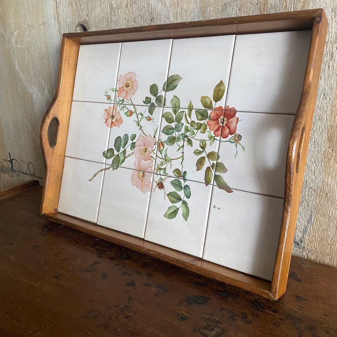 アンティーク　木製トレイ　タイル　花柄　お盆　ヴィンテージ　レトロ